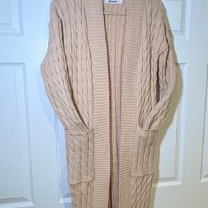 Beige Cable Knit Long Cardigan Duster Open Front Cozy Chunky Sweater Pockets